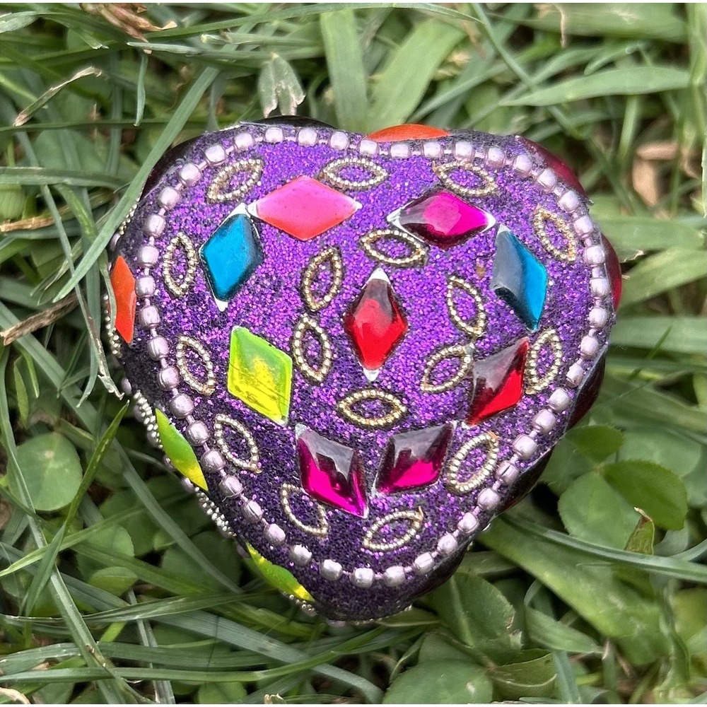Purple Heart Trinket Jewelry Box Beaded Mosaic Glass Stones Handmade Boho Gift